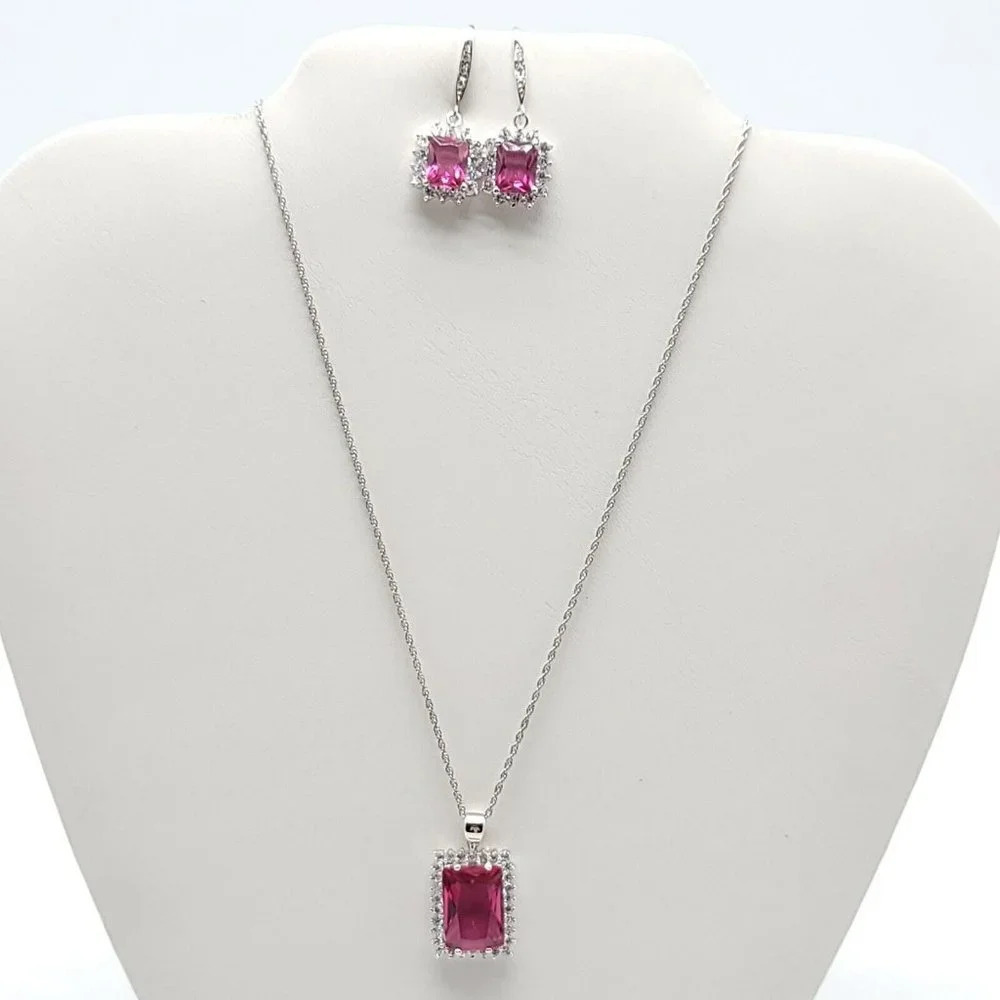 Pink Clear Glass Rhinestone Silver Plated Necklace Earring Set Chain is Sterling